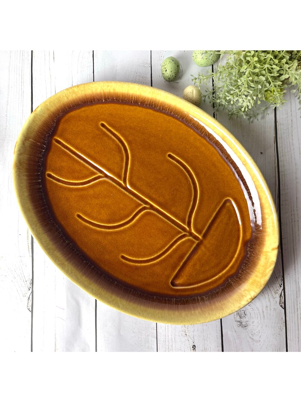 McCoy Pottery Golden Brown Ceramic Oval Platter Serving Tray Drip Glaze Vintage